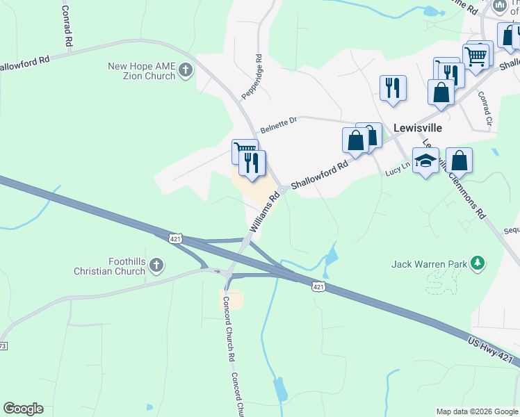 map of restaurants, bars, coffee shops, grocery stores, and more near 425 Williams Road in Lewisville