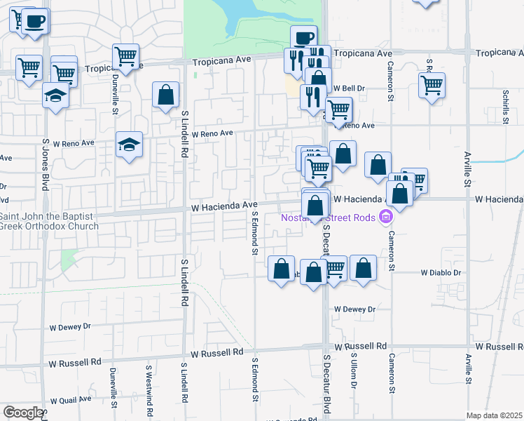 map of restaurants, bars, coffee shops, grocery stores, and more near 5055 West Hacienda Avenue in Las Vegas