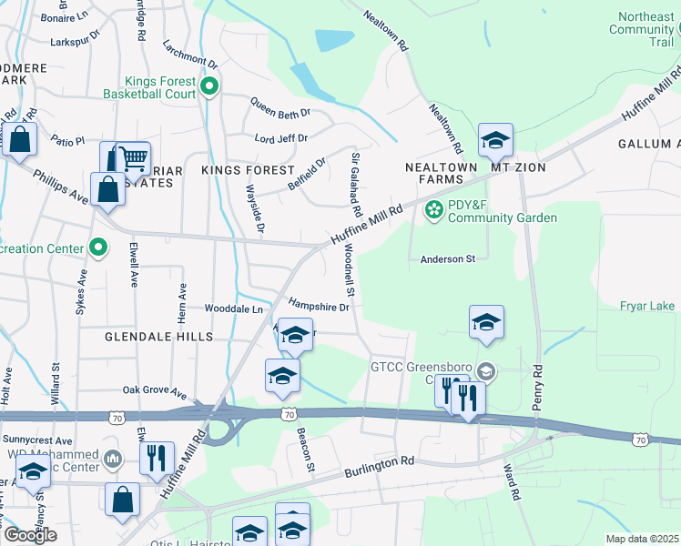 map of restaurants, bars, coffee shops, grocery stores, and more near 1211 Woodnell Street in Greensboro