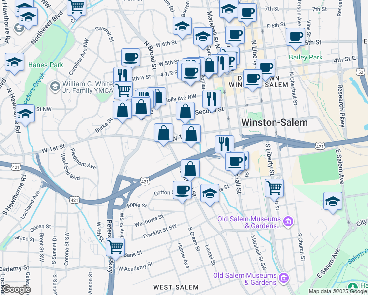 map of restaurants, bars, coffee shops, grocery stores, and more near 701 Shallowford Street in Winston-Salem