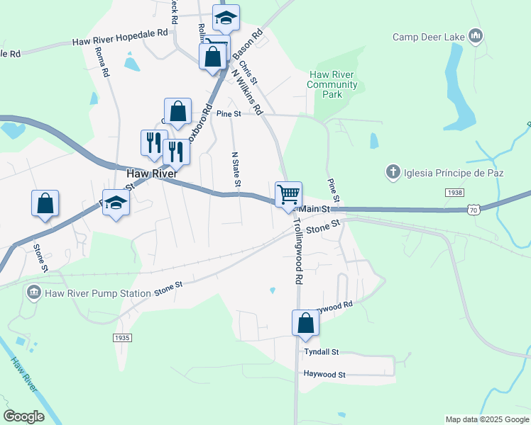 map of restaurants, bars, coffee shops, grocery stores, and more near 101-121 S Spray Pl in Haw River