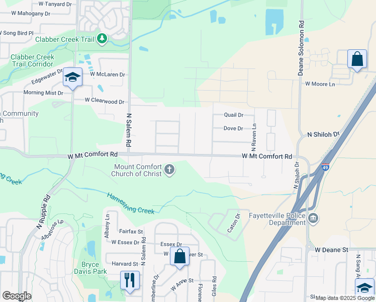 map of restaurants, bars, coffee shops, grocery stores, and more near 3090 West Mount Comfort Road in Fayetteville