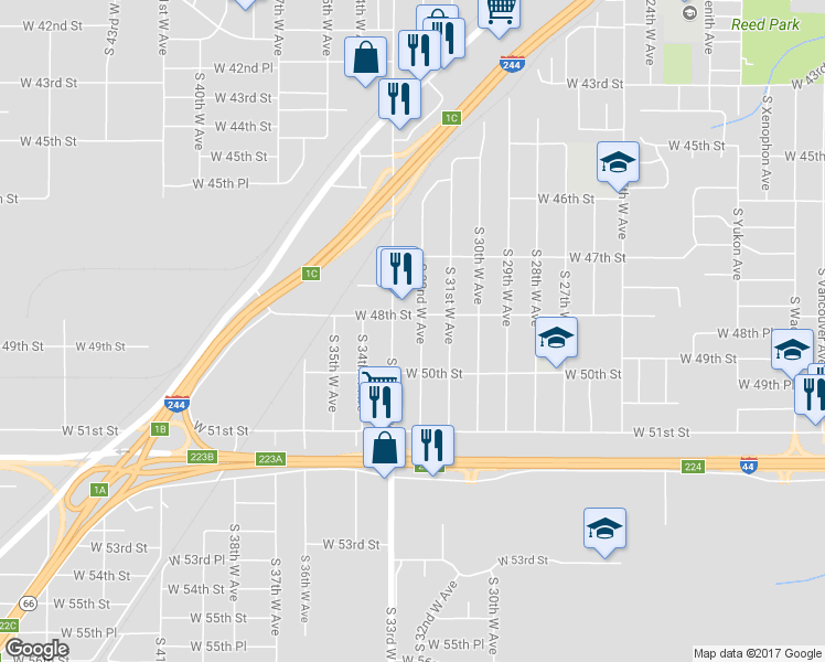 map of restaurants, bars, coffee shops, grocery stores, and more near 4814 South 32nd West Avenue in Tulsa