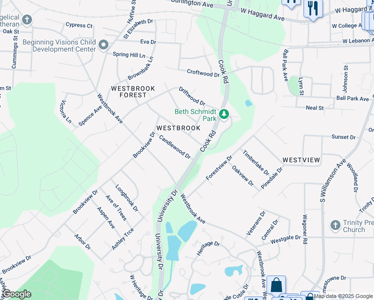 map of restaurants, bars, coffee shops, grocery stores, and more near 1274 Candlewood Drive in Elon