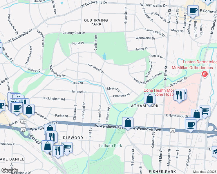 map of restaurants, bars, coffee shops, grocery stores, and more near 628 Myers Lane in Greensboro