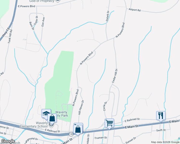 map of restaurants, bars, coffee shops, grocery stores, and more near 107 Whippoorwill Drive in Waverly