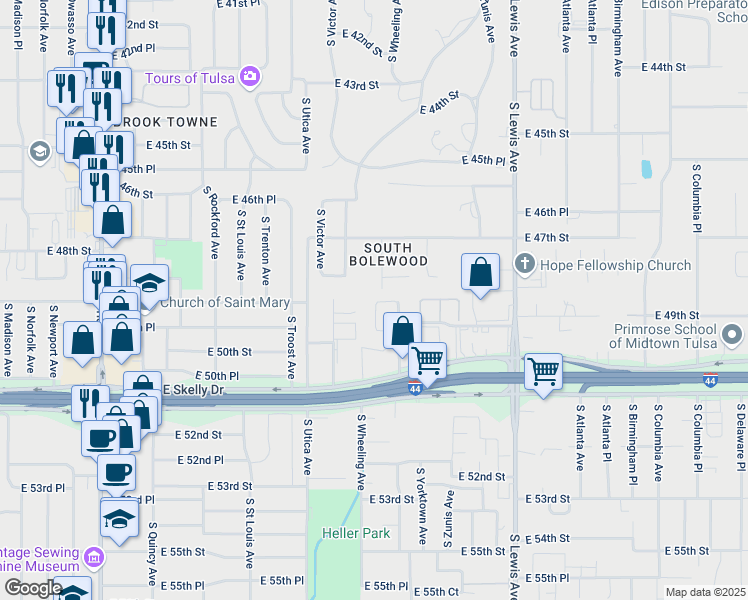 map of restaurants, bars, coffee shops, grocery stores, and more near 4810 South Wheeling Avenue in Tulsa
