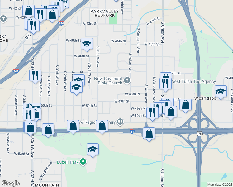 map of restaurants, bars, coffee shops, grocery stores, and more near 4824 South 23rd West Avenue in Tulsa