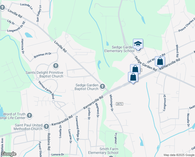 map of restaurants, bars, coffee shops, grocery stores, and more near 649 Linville Road in Kernersville