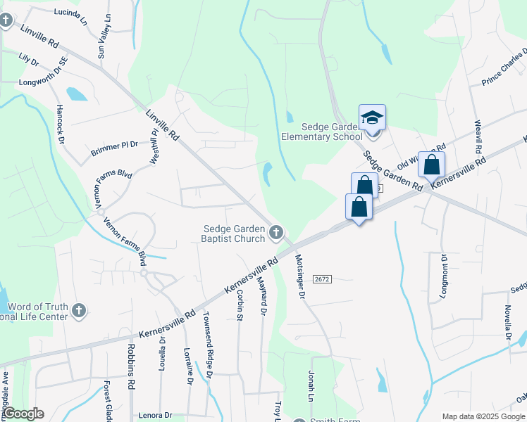 map of restaurants, bars, coffee shops, grocery stores, and more near 649 Linville Road in Kernersville