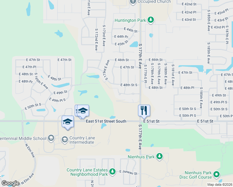 map of restaurants, bars, coffee shops, grocery stores, and more near 17403 East 49th Street in Tulsa