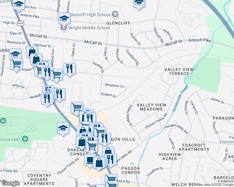 map of restaurants, bars, coffee shops, grocery stores, and more near 182 Empire Drive in Nashville