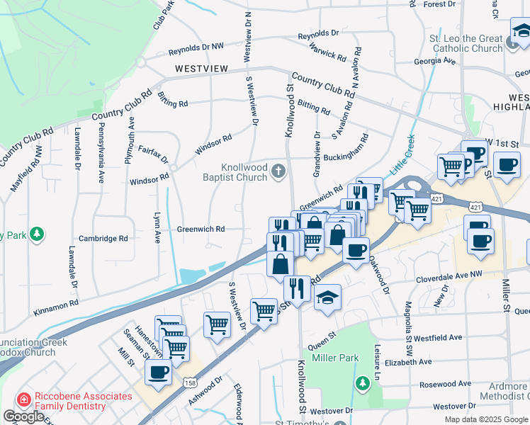 map of restaurants, bars, coffee shops, grocery stores, and more near 342 Hanover Arms Court in Winston-Salem