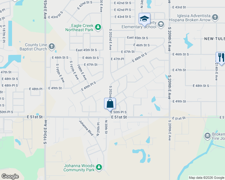 map of restaurants, bars, coffee shops, grocery stores, and more near 4949 South 202nd East Avenue in Broken Arrow