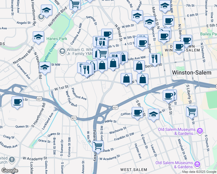 map of restaurants, bars, coffee shops, grocery stores, and more near 150 Peters Creek Parkway in Winston-Salem
