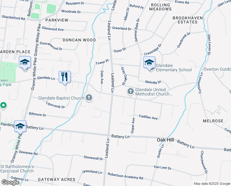 map of restaurants, bars, coffee shops, grocery stores, and more near 4322 Lealand Lane in Nashville