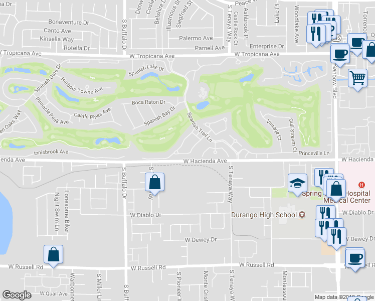 map of restaurants, bars, coffee shops, grocery stores, and more near 53 Sawgrass Court in Las Vegas