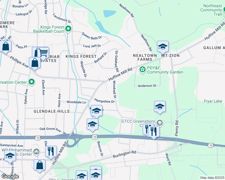 map of restaurants, bars, coffee shops, grocery stores, and more near 1211 Woodnell Street in Greensboro