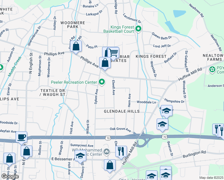 map of restaurants, bars, coffee shops, grocery stores, and more near 1211 Elwell Avenue in Greensboro