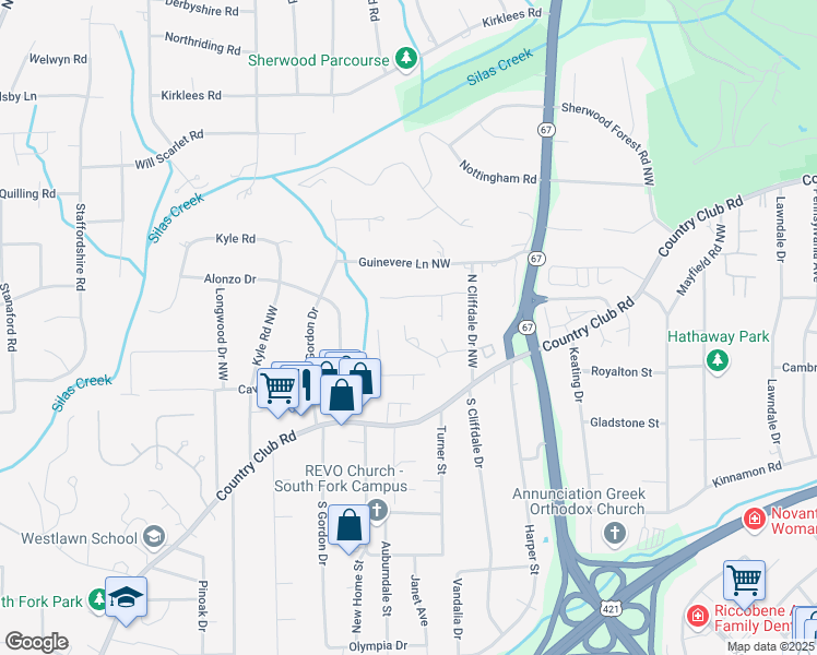 map of restaurants, bars, coffee shops, grocery stores, and more near 116 Candlewyck Manor Drive in Winston-Salem