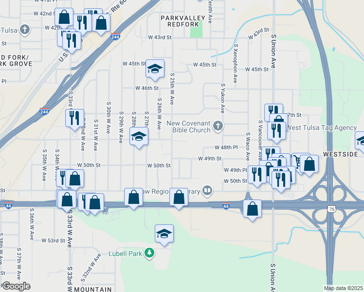 map of restaurants, bars, coffee shops, grocery stores, and more near 4811 South 25th West Avenue in Tulsa