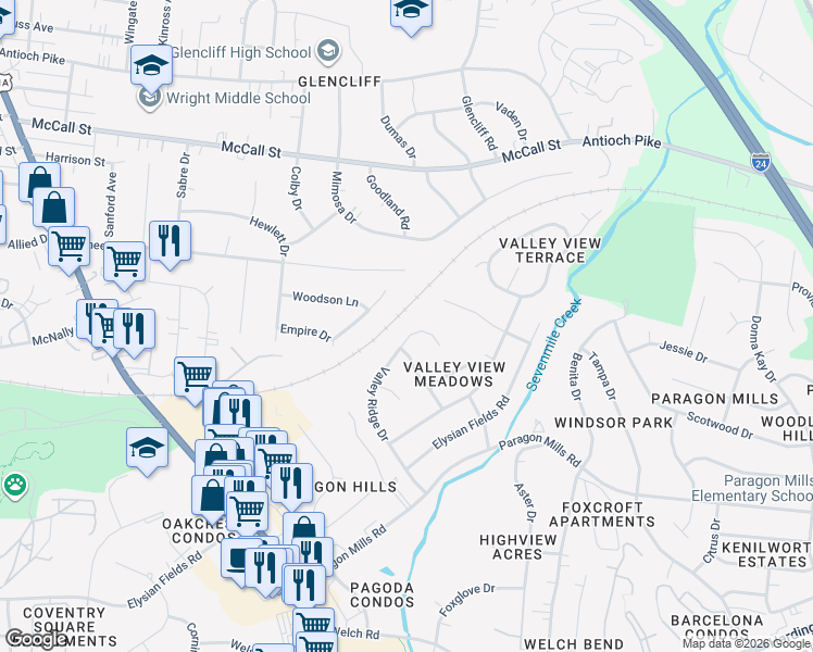 map of restaurants, bars, coffee shops, grocery stores, and more near 3731 Valley Ridge Drive in Nashville
