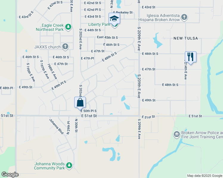 map of restaurants, bars, coffee shops, grocery stores, and more near 3417 East Sandusky Street in Broken Arrow