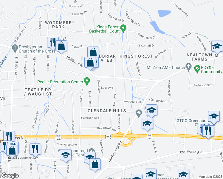 map of restaurants, bars, coffee shops, grocery stores, and more near 3908 Lacy Avenue in Greensboro