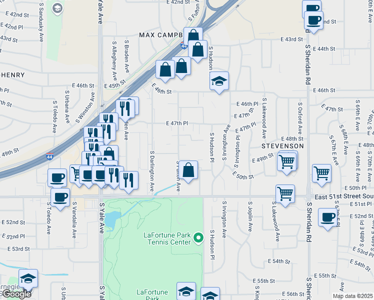 map of restaurants, bars, coffee shops, grocery stores, and more near 4811 South Fulton Avenue in Tulsa