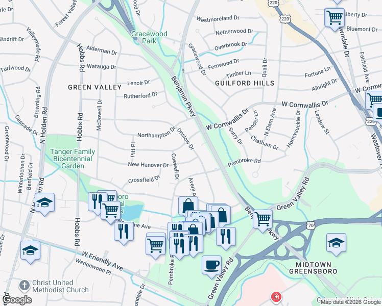 map of restaurants, bars, coffee shops, grocery stores, and more near 1009 Onslow Drive in Greensboro