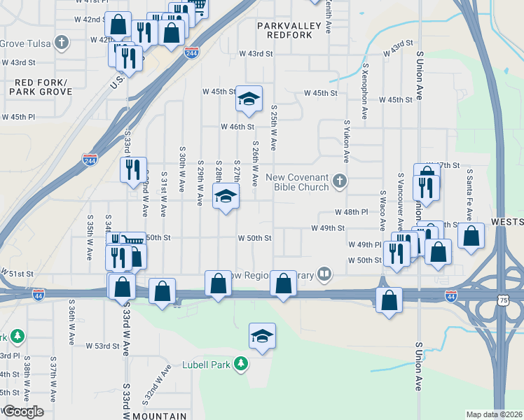 map of restaurants, bars, coffee shops, grocery stores, and more near 4822 South 25th West Avenue in Tulsa