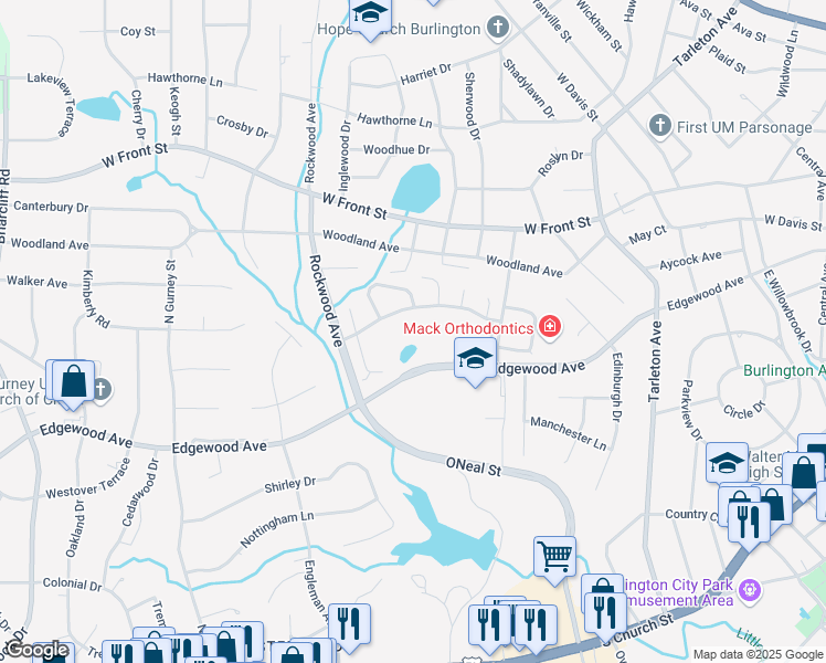 map of restaurants, bars, coffee shops, grocery stores, and more near 1860 Brookwood Avenue in Burlington