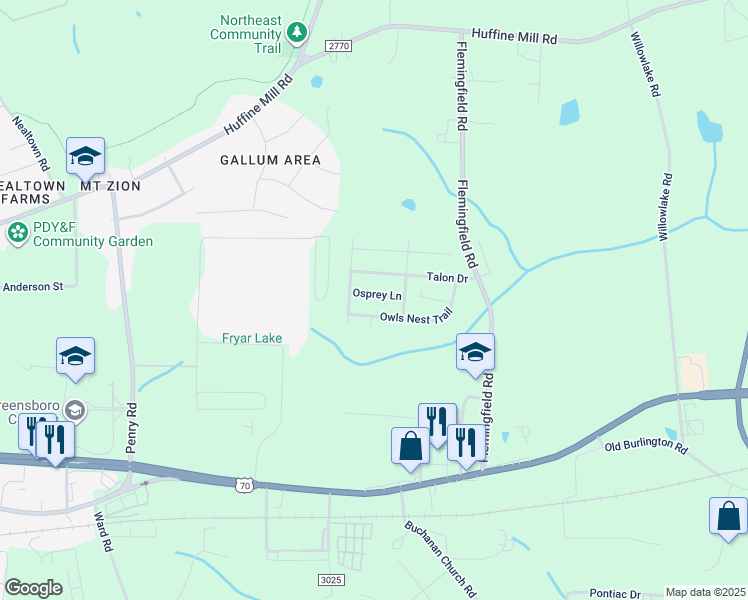 map of restaurants, bars, coffee shops, grocery stores, and more near 2210 Osprey Lane in Greensboro