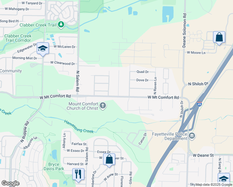 map of restaurants, bars, coffee shops, grocery stores, and more near 3090 West Mount Comfort Road in Fayetteville