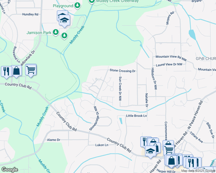 map of restaurants, bars, coffee shops, grocery stores, and more near 798 Meadowstone Drive in Winston-Salem