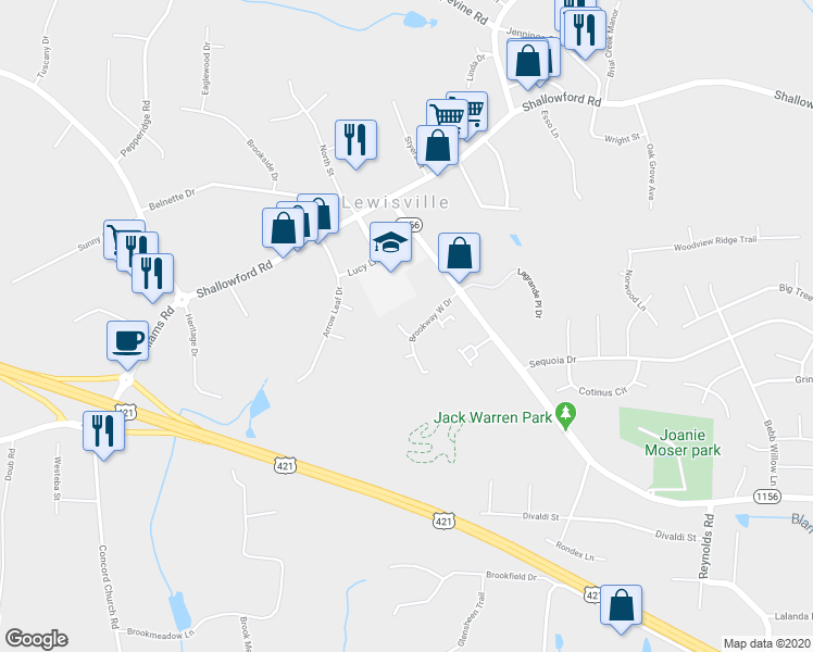 map of restaurants, bars, coffee shops, grocery stores, and more near 323 Brookway West Drive in Lewisville