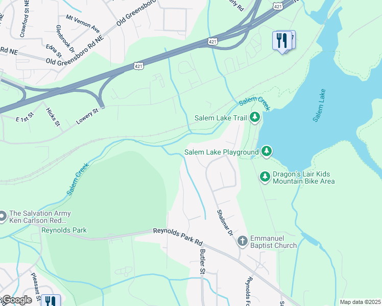 map of restaurants, bars, coffee shops, grocery stores, and more near 974 Woodleaf Court in Winston-Salem