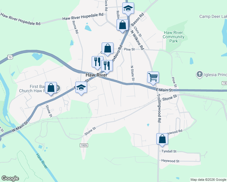 map of restaurants, bars, coffee shops, grocery stores, and more near 120 2nd Street in Haw River