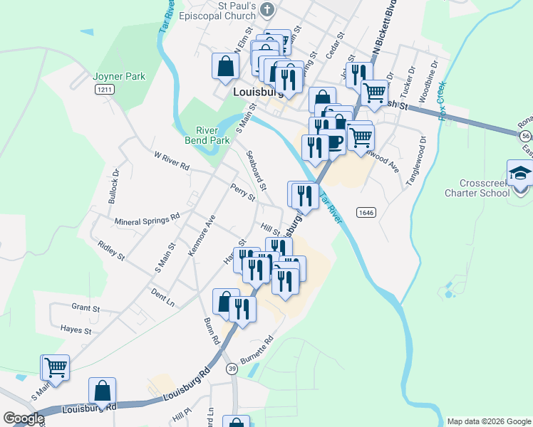 map of restaurants, bars, coffee shops, grocery stores, and more near 410 Perry Street in Louisburg