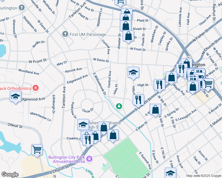map of restaurants, bars, coffee shops, grocery stores, and more near 532 Isley Place in Burlington