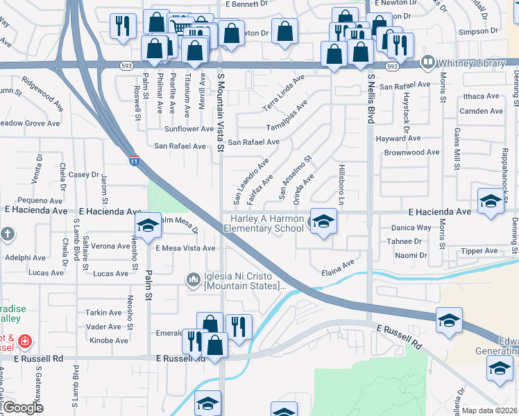 map of restaurants, bars, coffee shops, grocery stores, and more near 5293 San Anselmo Street in Las Vegas