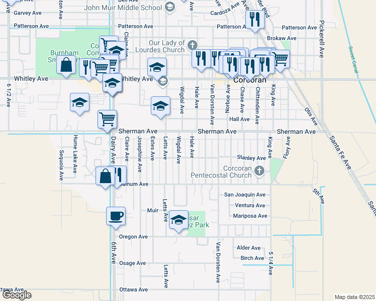 map of restaurants, bars, coffee shops, grocery stores, and more near 1519 Hale Avenue in Corcoran