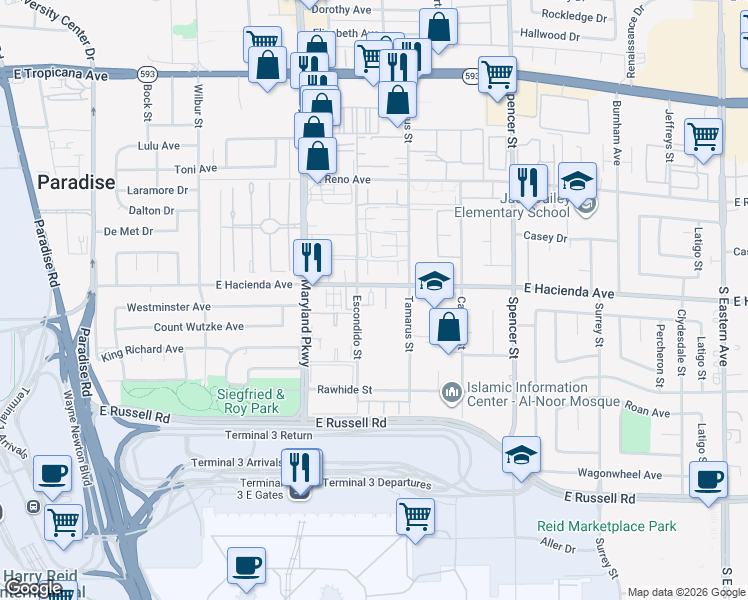 map of restaurants, bars, coffee shops, grocery stores, and more near 1375 East Hacienda Avenue in Las Vegas