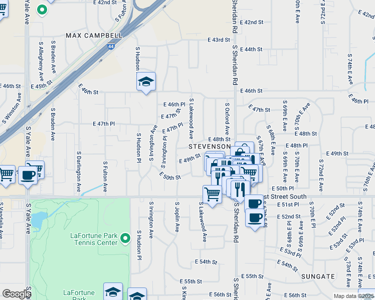 map of restaurants, bars, coffee shops, grocery stores, and more near 5922 East 48th Street in Tulsa