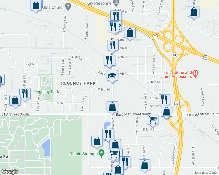 map of restaurants, bars, coffee shops, grocery stores, and more near 4744 South Mingo Road in Tulsa