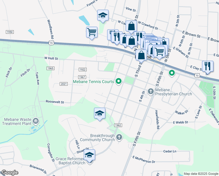 map of restaurants, bars, coffee shops, grocery stores, and more near 410 South 1st Street in Mebane