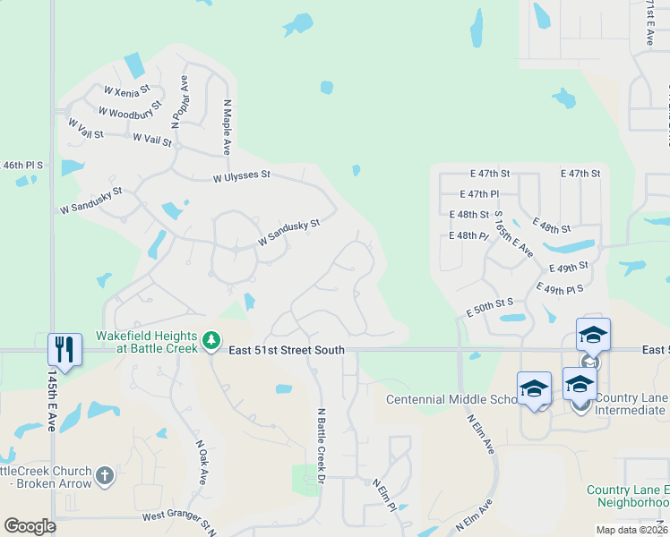 map of restaurants, bars, coffee shops, grocery stores, and more near 4109 North Battle Creek Drive in Broken Arrow