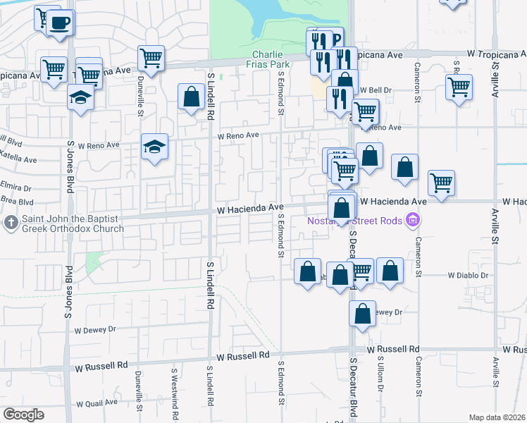 map of restaurants, bars, coffee shops, grocery stores, and more near 1011 West Hacienda Avenue in Las Vegas