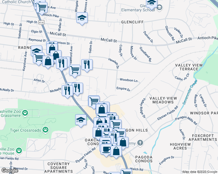 map of restaurants, bars, coffee shops, grocery stores, and more near 3722 Norma Drive in Nashville