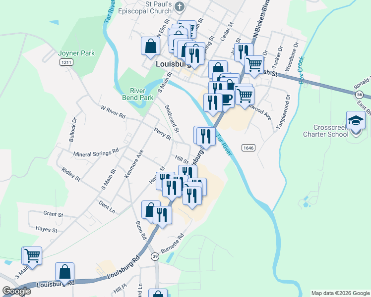 map of restaurants, bars, coffee shops, grocery stores, and more near 410 Perry Street in Louisburg